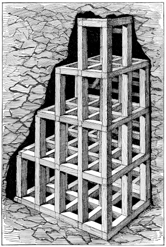 1876 illustration of Comstock square-set timbering, an interlocking wooden lattice supporting an underground mine chamber
