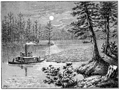 1876 illustration of a steam tug towing logs across Lake Tahoe at dusk