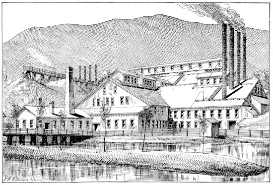 1876 illustration of the Consolidated Virginia Mine surface works with smokestacks against the Comstock hillside