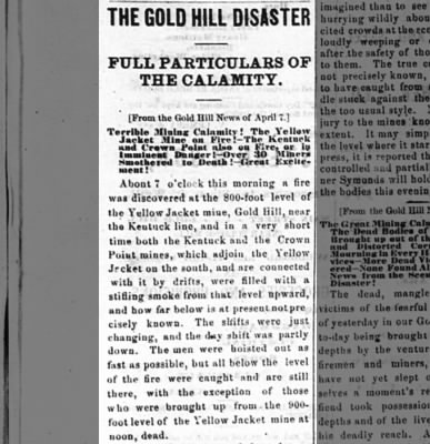 Front page of the Gold Hill Daily News reporting on the Yellow Jacket mine disaster, April 1869