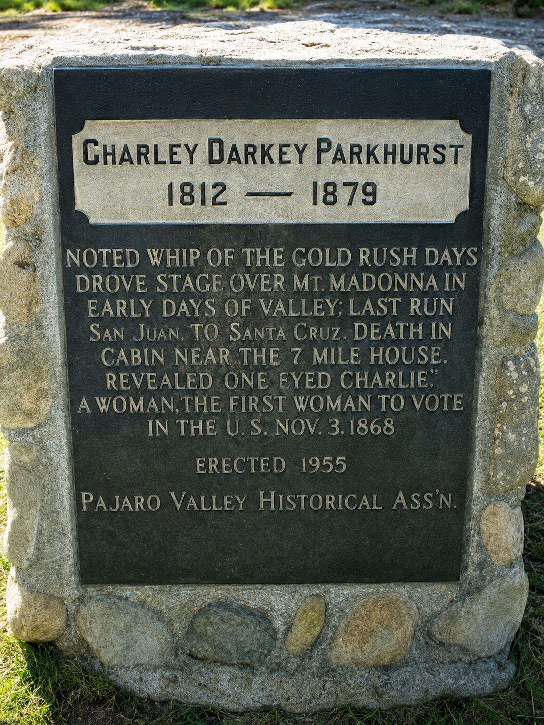 1955 granite headstone marker for Charley Darkey Parkhurst at Pioneer Cemetery, Watsonville, California