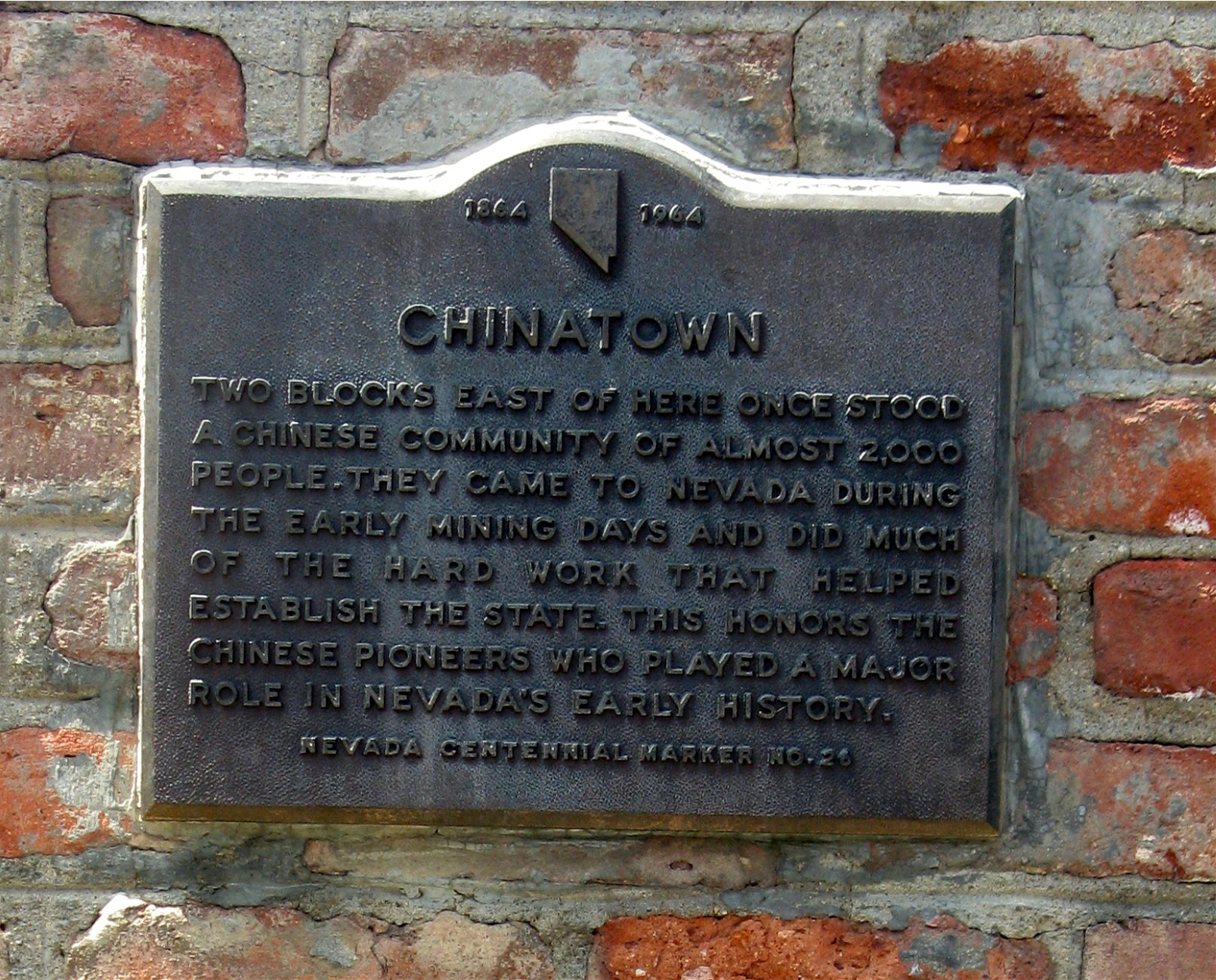 Bronze historical marker for Virginia City's Chinatown, Nevada Centennial Marker No. 26