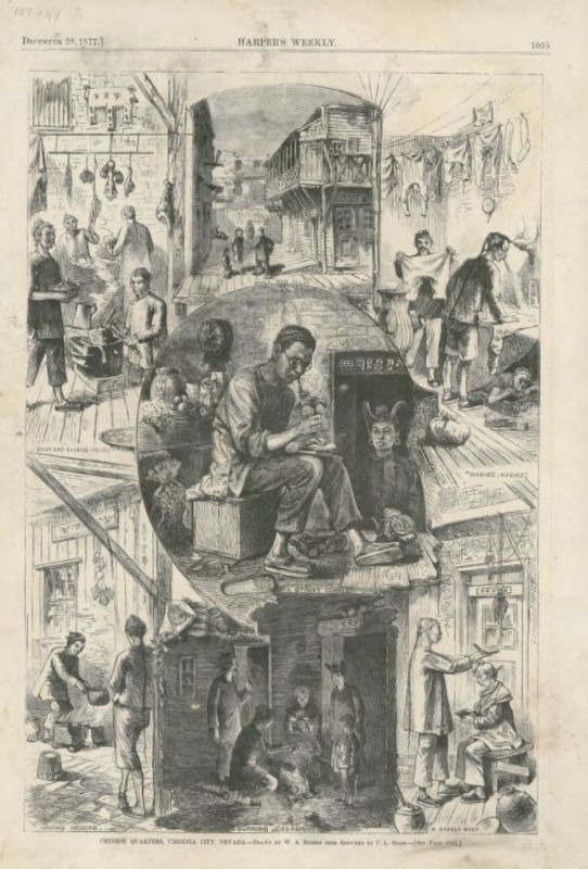 1877 Harper's Weekly illustration of Chinese Quarters daily life in Virginia City, Nevada