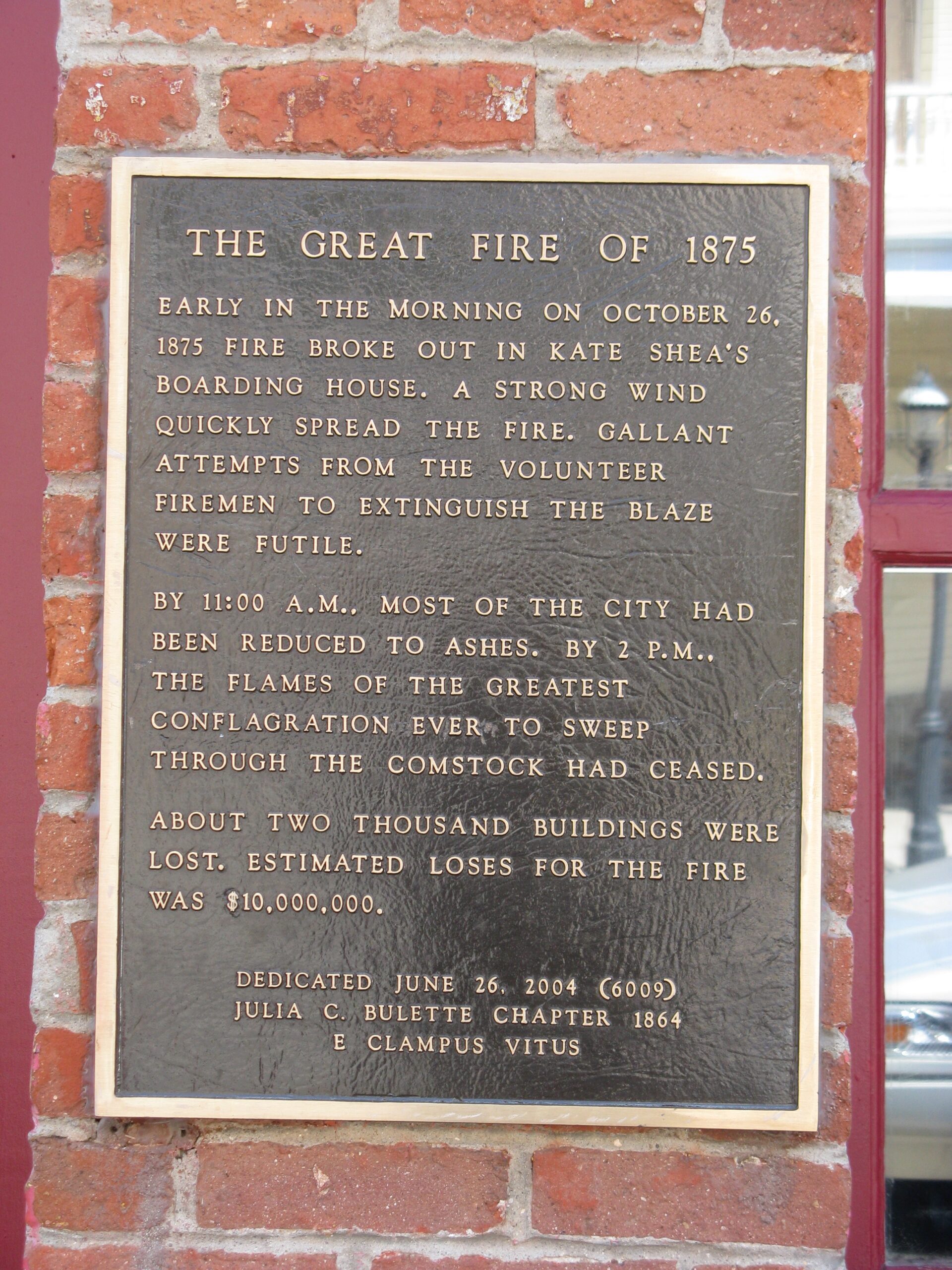 Bronze plaque titled The Great Fire of 1875, dedicated by the Julia C. Bulette Chapter of E Clampus Vitus