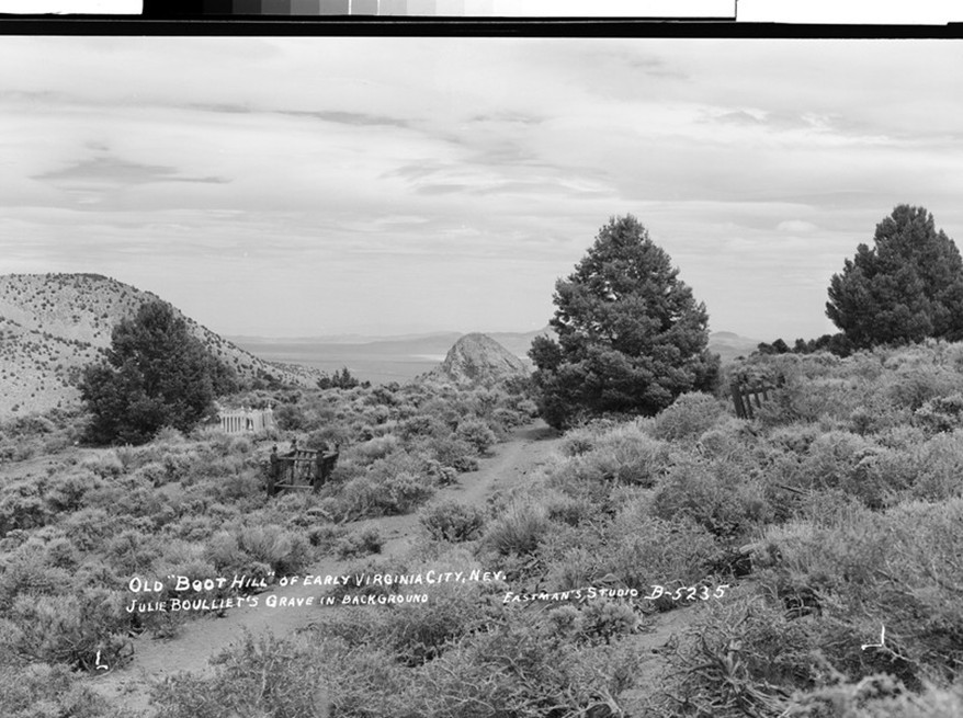 1947 Eastman's Studio photograph captioned Old Boot Hill of Early Virginia City, Nevada, Julie Boulliet's Grave in Background