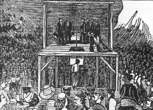 Period illustration of John Millain's public execution by hanging in Virginia City, April 24, 1868