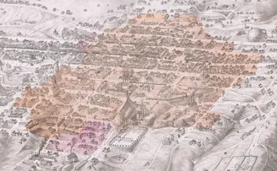 Bird's-eye lithograph of Virginia City, Nevada, drawn a few months before the Great Fire of October 1875