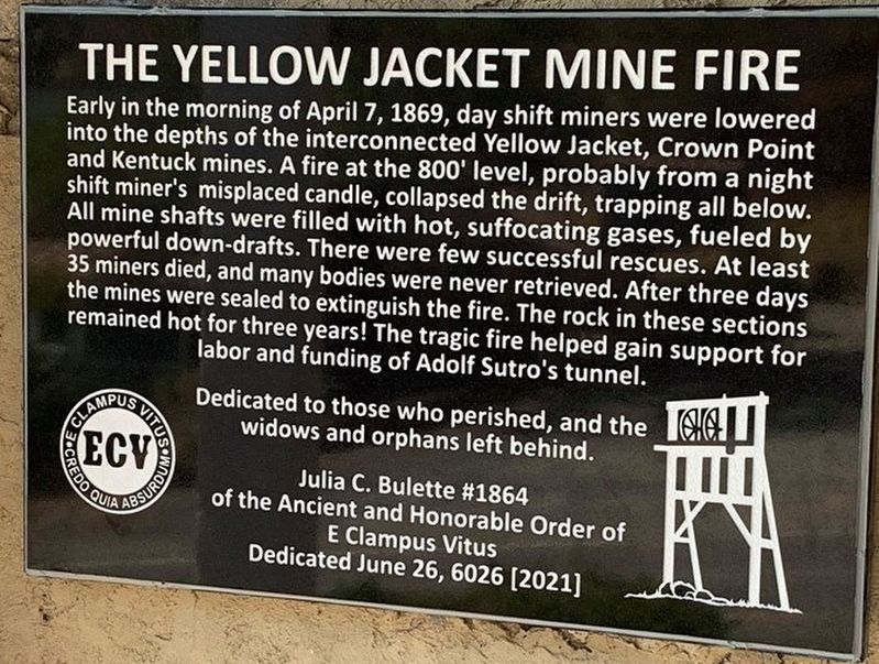 Historical marker commemorating the Yellow Jacket Mine Fire, dedicated by E Clampus Vitus in 2021