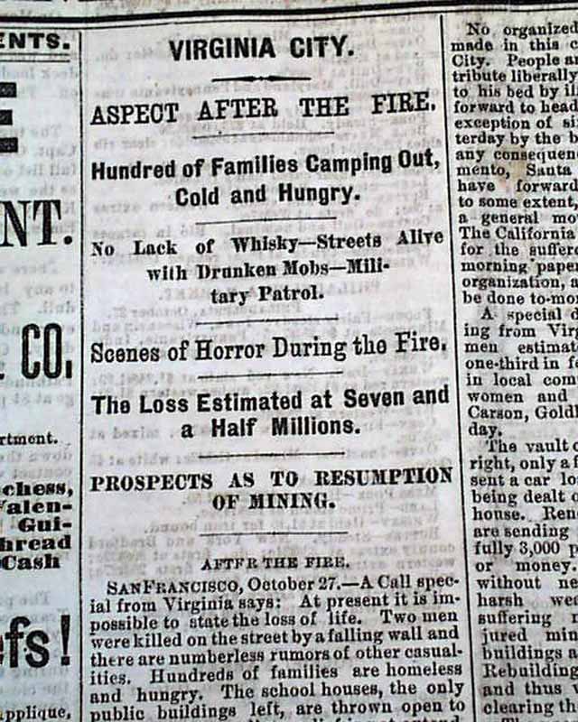 Front page of The Cleveland Leader, October 28, 1875, reporting on the Great Fire Disaster in Virginia City