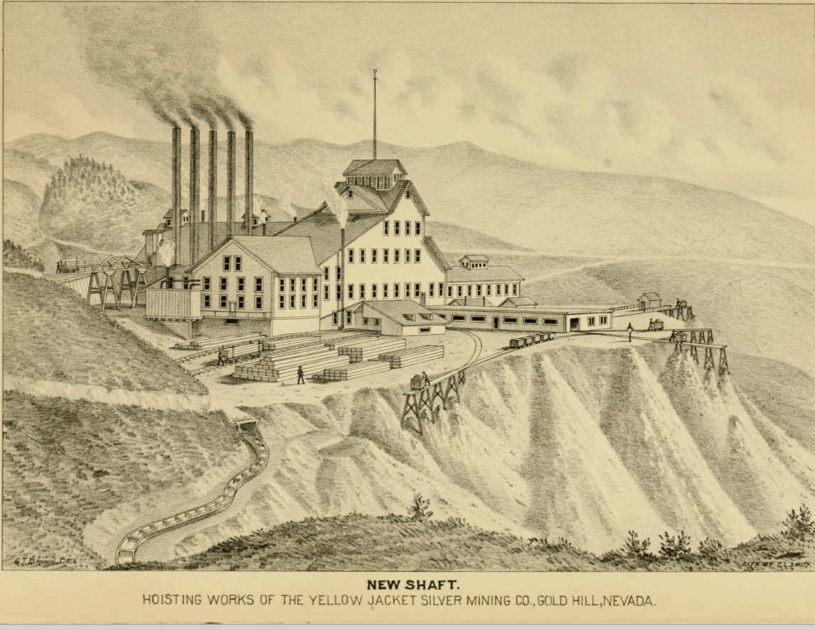 Lithograph of the Yellow Jacket Silver Mining Company hoisting works at Gold Hill, Nevada