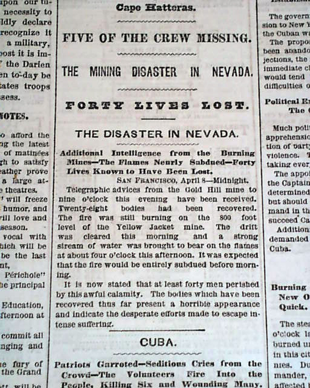 Newspaper column reporting forty lives lost in the Nevada mining disaster, April 1869