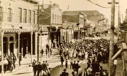 A crowd gathered on C Street, Virginia City
