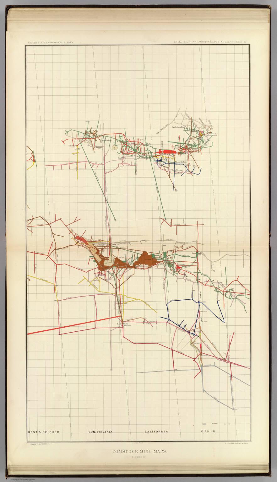 George F. Becker's 1882 United States Geological Survey plan map of Comstock mine workings, with colored lines tracing shafts, drifts, and ore bodies for Best and Belcher, Consolidated Virginia, California, and Ophir