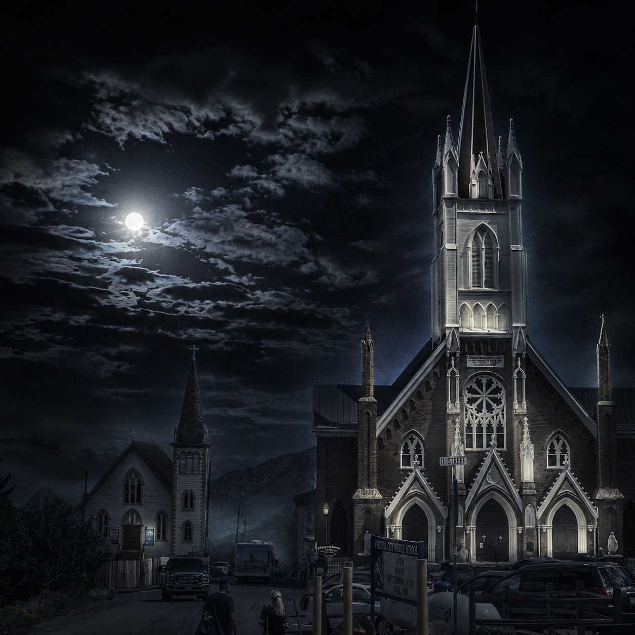 St. Mary in the Mountains Catholic Church in Virginia City at night, its Gothic spire lit under a full moon and dark clouds